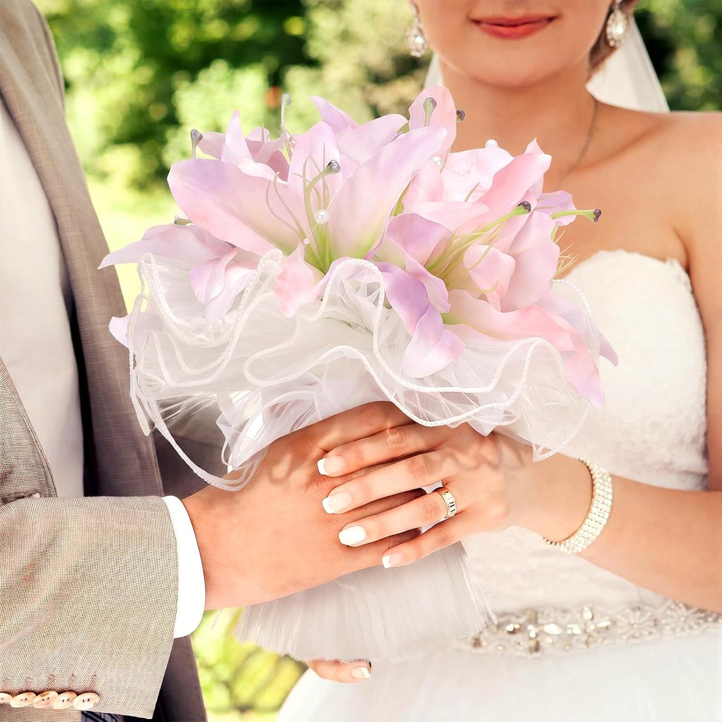 Tigeen Artificial Wedding Bouquet for Bride Faux Pink Purple Lily Bridal Flower with Ribbon, Fake Flower Bridesmaid Holding Bouquet for Wedding Ceremony Anniversary Party Table Vase Centerpiece Decor