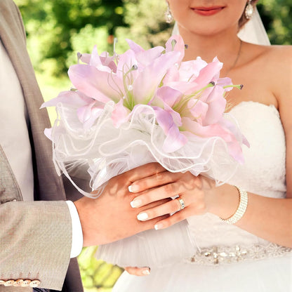 Tigeen Artificial Wedding Bouquet for Bride Faux Pink Purple Lily Bridal Flower with Ribbon, Fake Flower Bridesmaid Holding Bouquet for Wedding Ceremony Anniversary Party Table Vase Centerpiece Decor