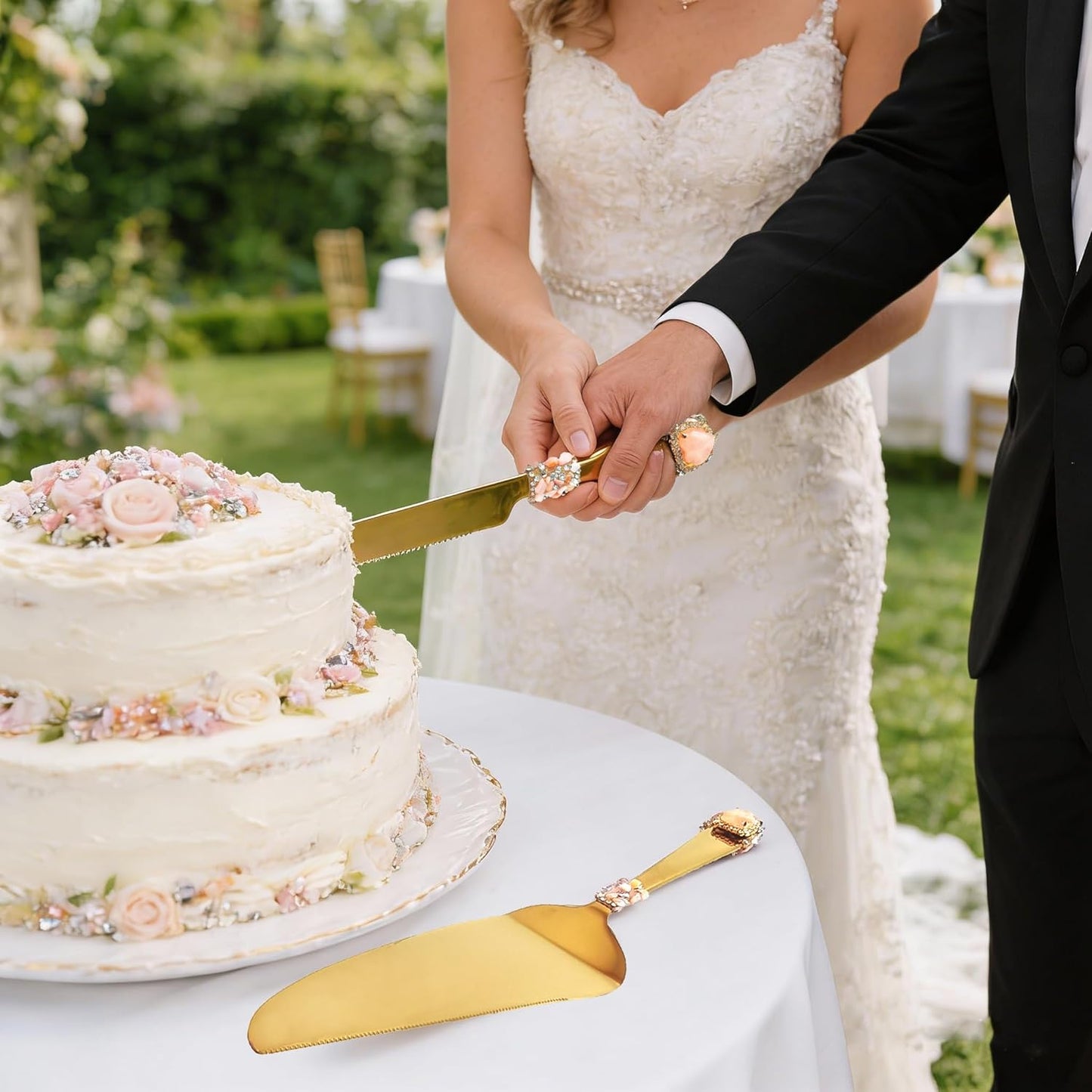 Handcrafted Luxury Gold Wedding Cake Knife and Server Set – Stainless Steel with Crystal & Gemstone Embellished Handles, Gift for Wedding, Anniversary, Engagement, Bridal Shower (pink)