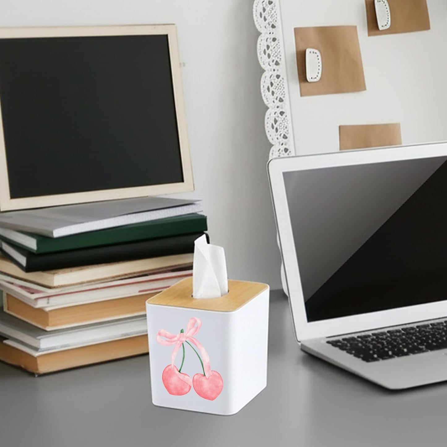 Girly Cherry Tissue Box Cover - Cute Coquette Pink Bow Cherry Square Facial Tissue Box Holder Dispenser for Home Decor, 5x5x5.5 Inch