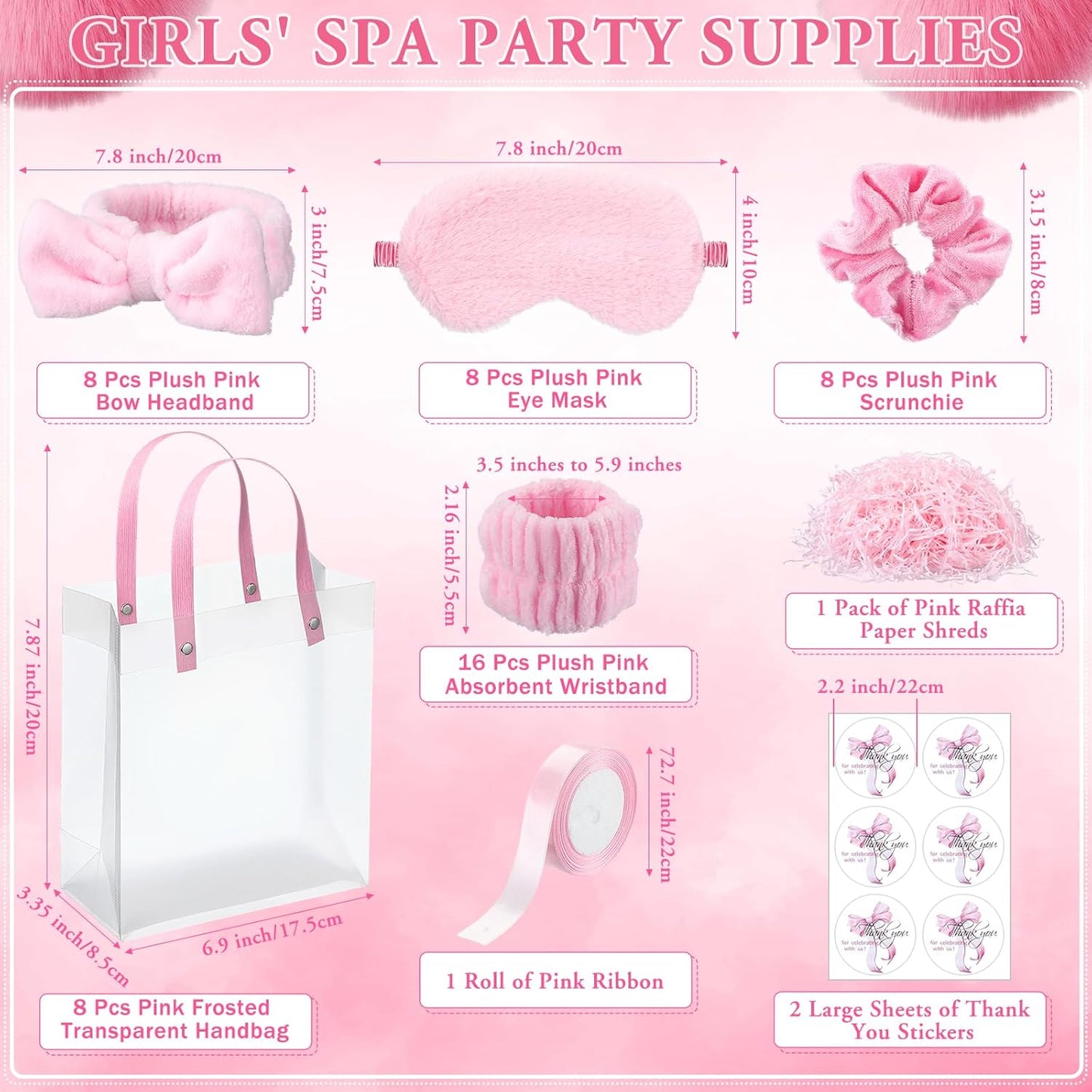 Suncalla 52 Pcs Pink Spa Sleepover Party Supplies, 8 Bow Headbands, 8 Eye Masks, 8 Velvet Scrunchies, 8 Transparent Bags, 16 Wristbands, 1 Ribbon for Women's Pajama Party Favor