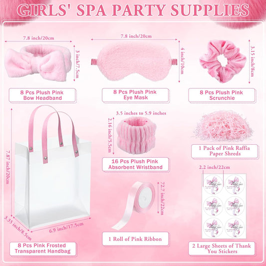 Suncalla 52 Pcs Pink Spa Sleepover Party Supplies, 8 Bow Headbands, 8 Eye Masks, 8 Velvet Scrunchies, 8 Transparent Bags, 16 Wristbands, 1 Ribbon for Women's Pajama Party Favor