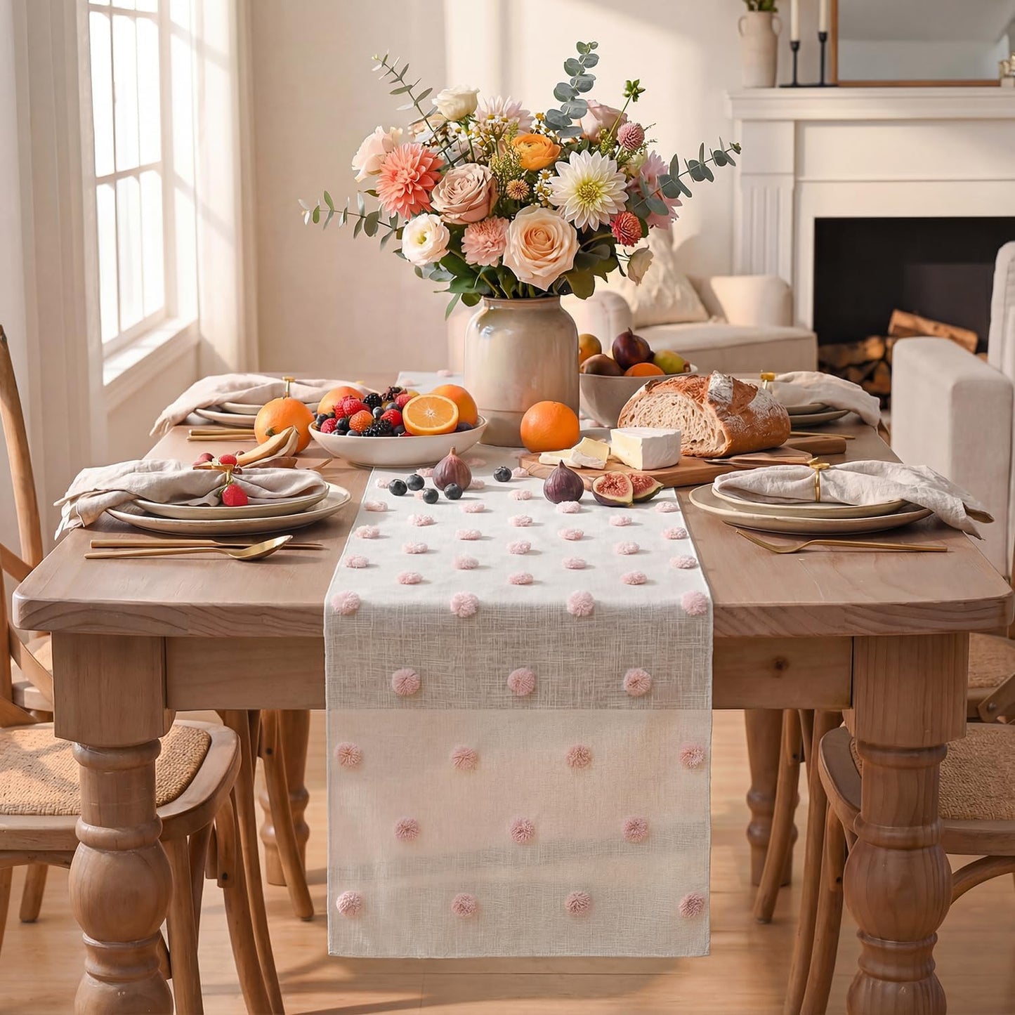 Artoid Mode Pink Pom Pom Tulle Table Runner, Seasonal Washable Kitchen Dining Table Decoration for Home Party Decor 12x72 Inch