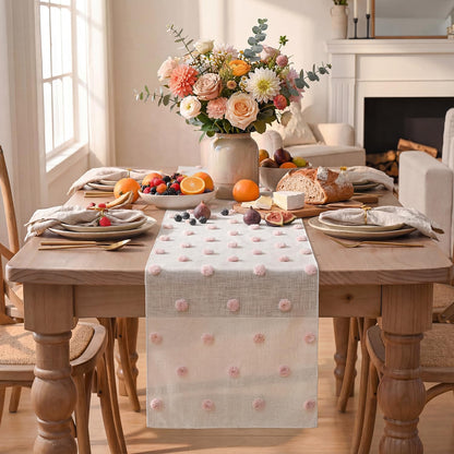 Artoid Mode Pink Pom Pom Tulle Table Runner, Seasonal Washable Kitchen Dining Table Decoration for Home Party Decor 12x72 Inch