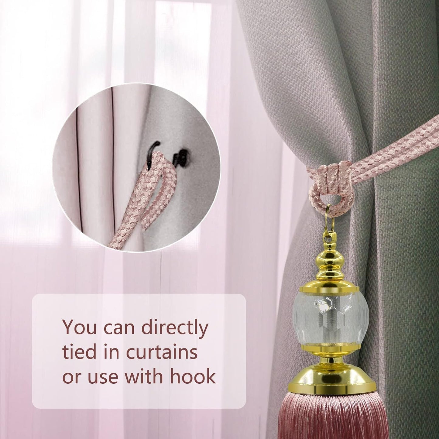 Tassel Curtain Tiebacks Handmade Rope Tie Backs Tassels for Curtains Pink Crystal Drapery Tieback Holdbacks Decorative Curtain Ties Farmhouse Drape Holders Window Treatment 2 Pack