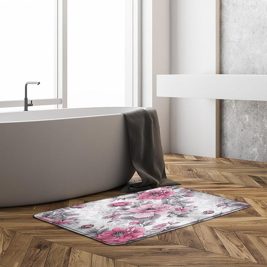 Floral Bath Mat Pink Grey Watercolor Floral Spring Flower Modern Aesthetic Elegant Wildflower Vintage Rustic Bath Rug, Absorbent Doormat Bedroom Rug Kitchen Toilet, 17.7x29.5