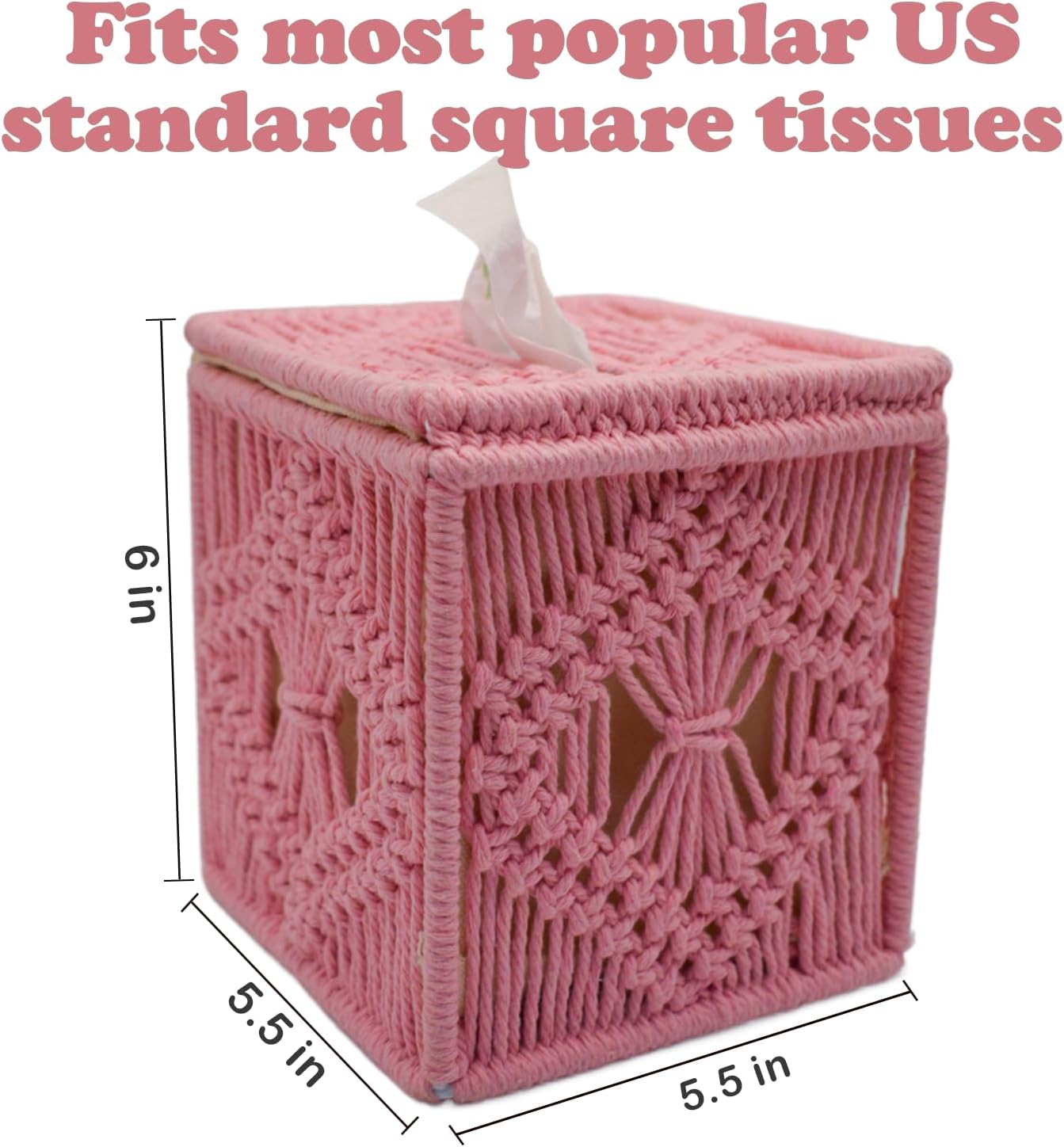 Handwoven Macrame Tissue Box Cover Boho Square Cute, Decorative Holder for Bathroom, Bedroom, Office with Flip-Top Lid & Closed-Bottom Design, 5.5"x5.5"x6" (Pink)