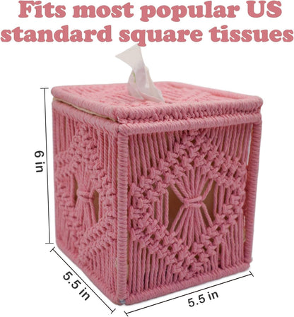 Handwoven Macrame Tissue Box Cover Boho Square Cute, Decorative Holder for Bathroom, Bedroom, Office with Flip-Top Lid & Closed-Bottom Design, 5.5"x5.5"x6" (Pink)