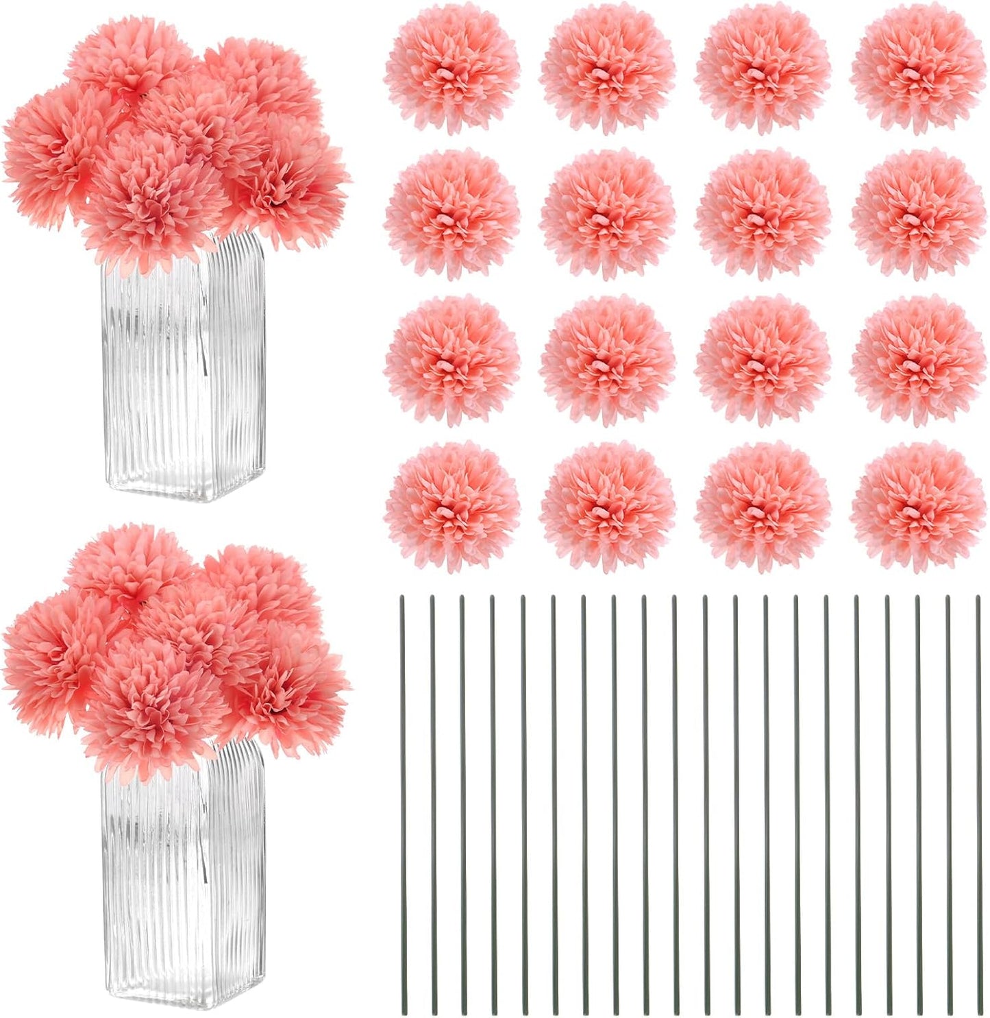 M METERXITY 30-Pack Artificial Chrysanthemum Ball Flowers,11 Inch Faux Chrysanthemum Silk Bouquets Real Touch Faux Flowers for Home/Wedding/Christmas/Party[Peach Pink]