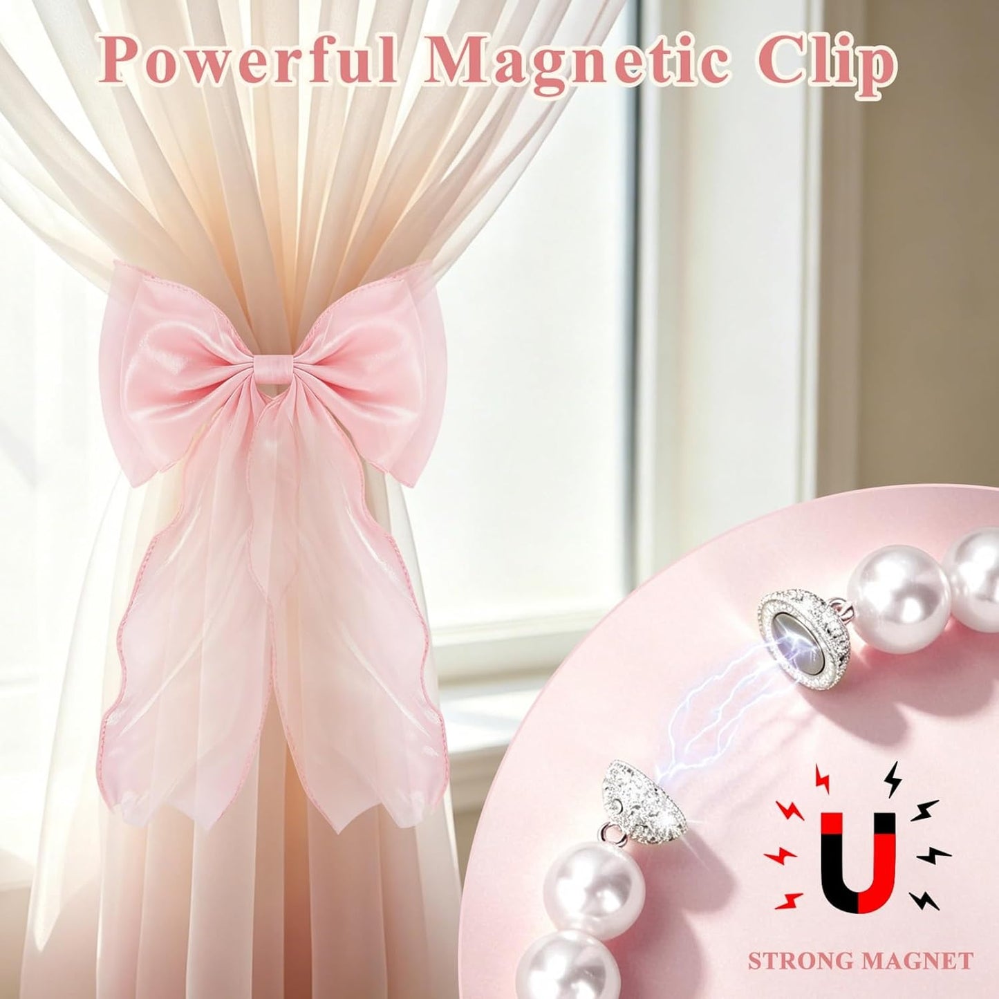 AULEEP 2 Pack Bow Magnetic Curtain Tiebacks, Pearl Beaded Fabric Curtain Holdbacks, No Drill Window Drape Ties, Elegant Bow Ribbon Decor for Bedroom Living Room Home Nursery, Pink