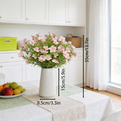Artificial Pink Gypsophila Baby's Breath Flowers in Ceramic Vase, 6 Inch White Vase with Faux Cosmos Arrangement, Farmhouse Table Centerpiece for Home Office Shelf Desk Decor