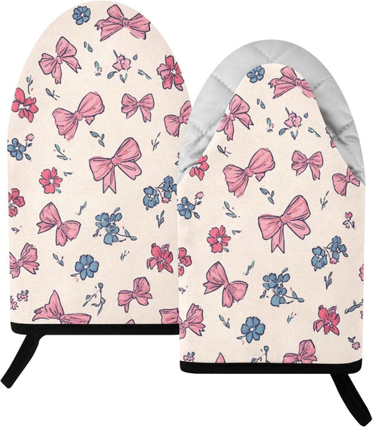 Pink Bows Blue Rose 2pcs Oven Mitts Heat Resistant Kitchen Gloves Great Gift for Cooking Baking