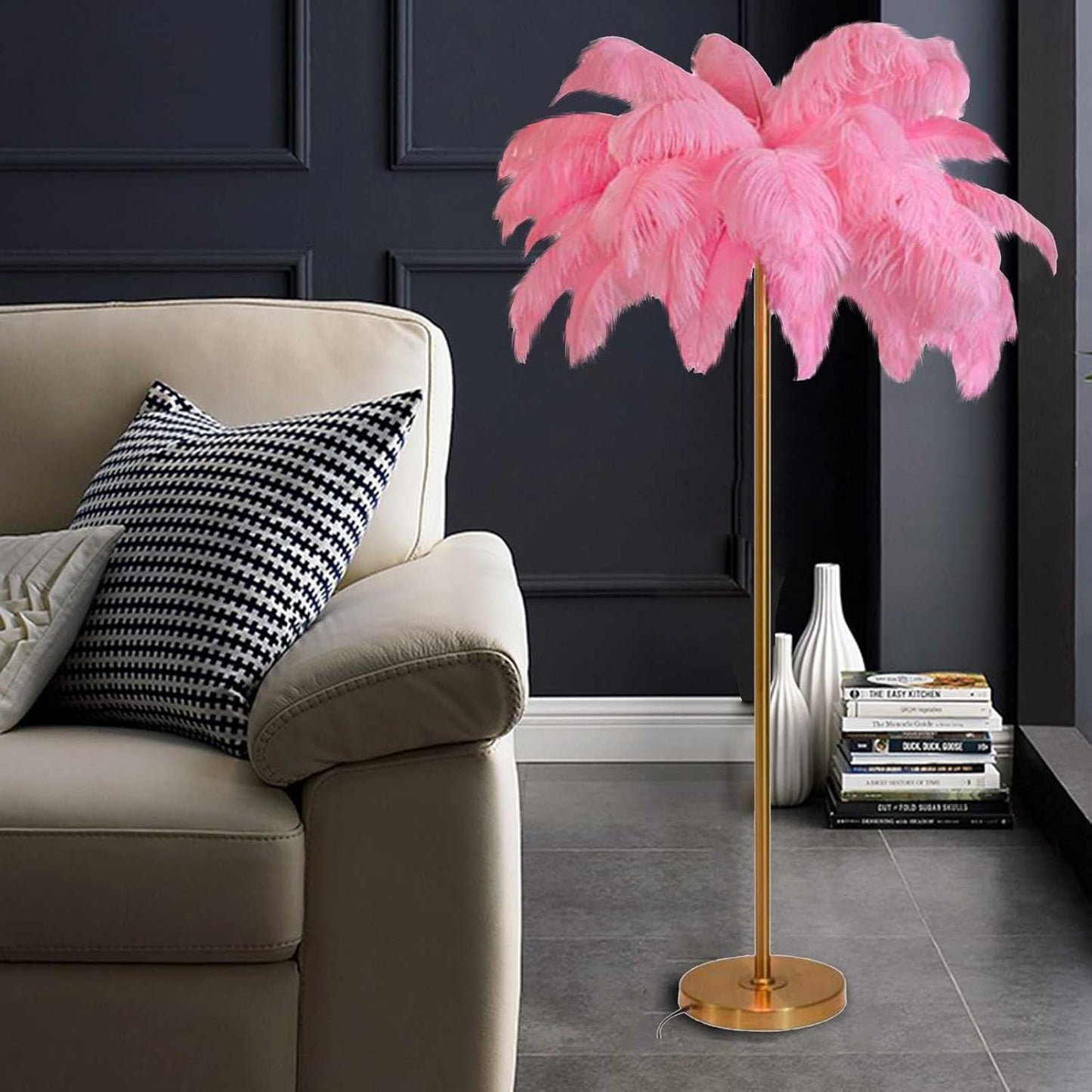 Elegant Nordic Natural Ostrich Feather Floor Lamps,Palm Tree Standing Light, Living Room Office Princess Bedroom Bedside Lamp, Decor Lighting (Pink)