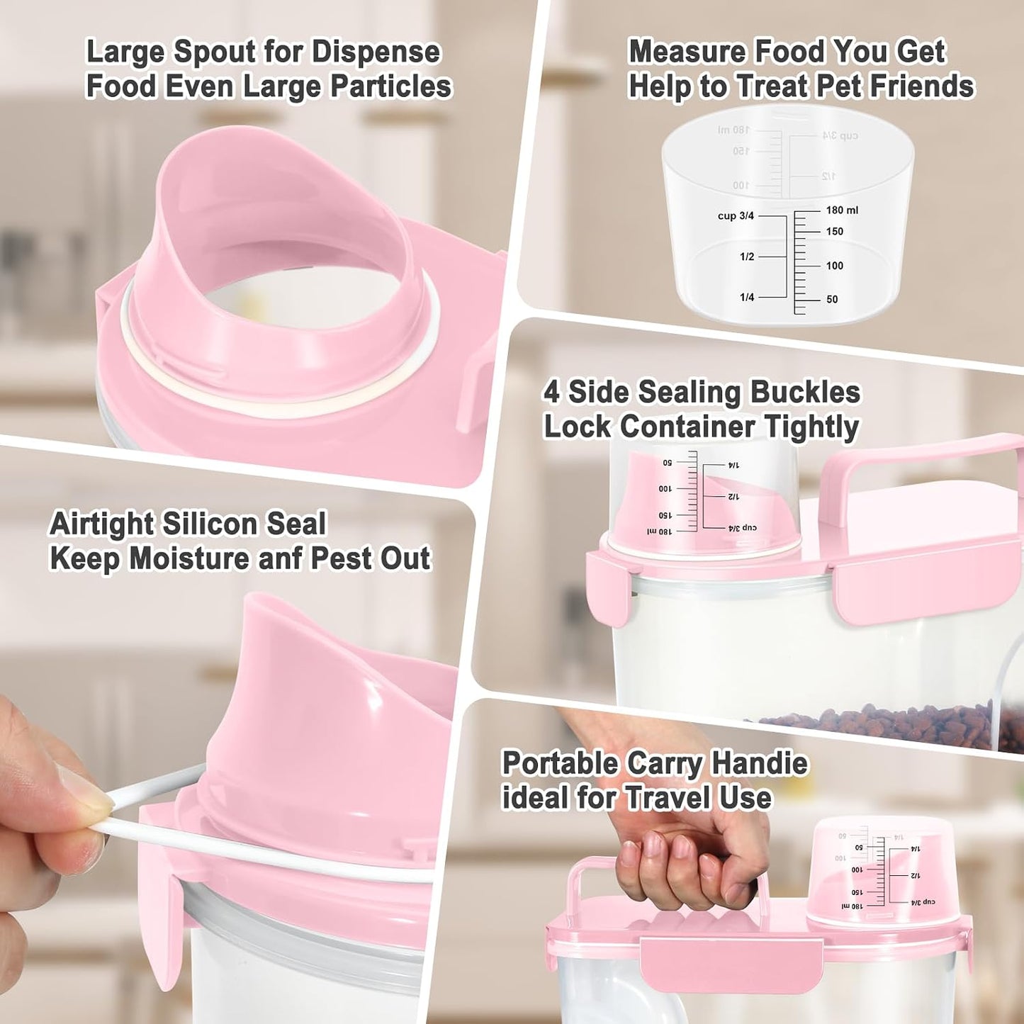 Dog Cat Food Storage Container, Pet Food Pourable Container Airtight with Large Spout & Cup, BPA-Free Plastic Food Dispenser for Pet Food, Bird Seed, Rice, Flour (Pink, 5L)