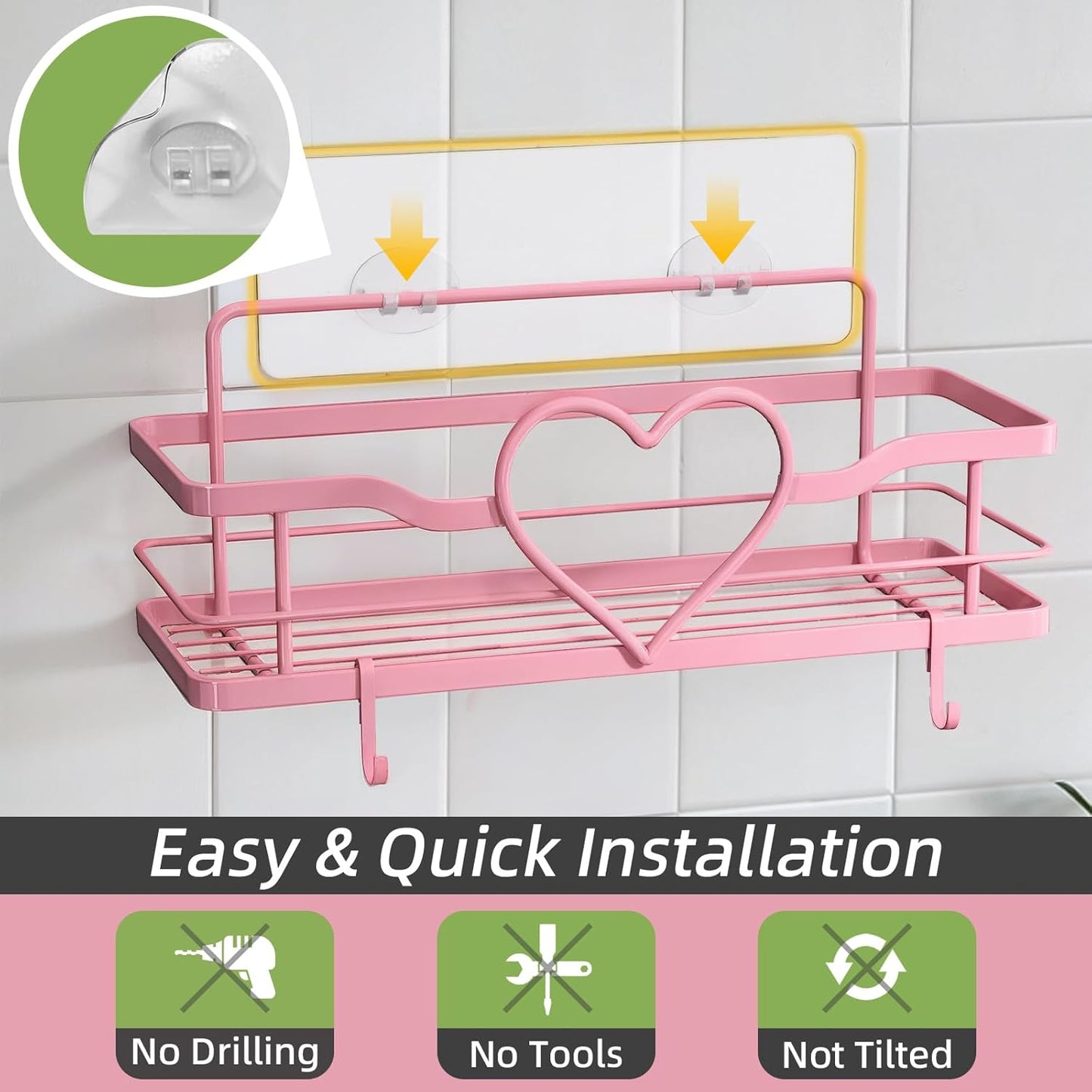 Pink Shower Caddy with 4 Removable Hooks, 2 Pack Sweet Heart Shower Shelves,No Drilling Adhesive Organizer Shelf for Bathroom Shower,Kitchen,Bedroom