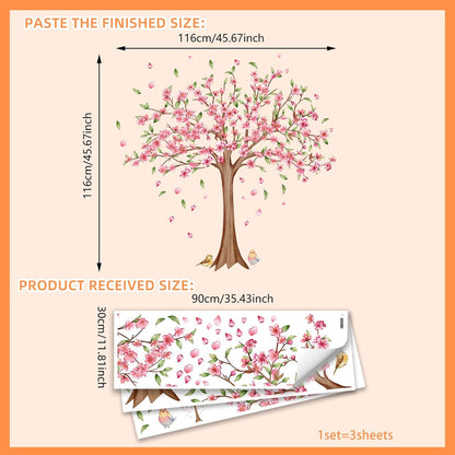 Large Cherry Blossom Wall Decals - Pink Flower Tree Wall Stickers for Girls Kids Bedroom Nursery Living Room TV Wall Decor (H: 45 Inch)