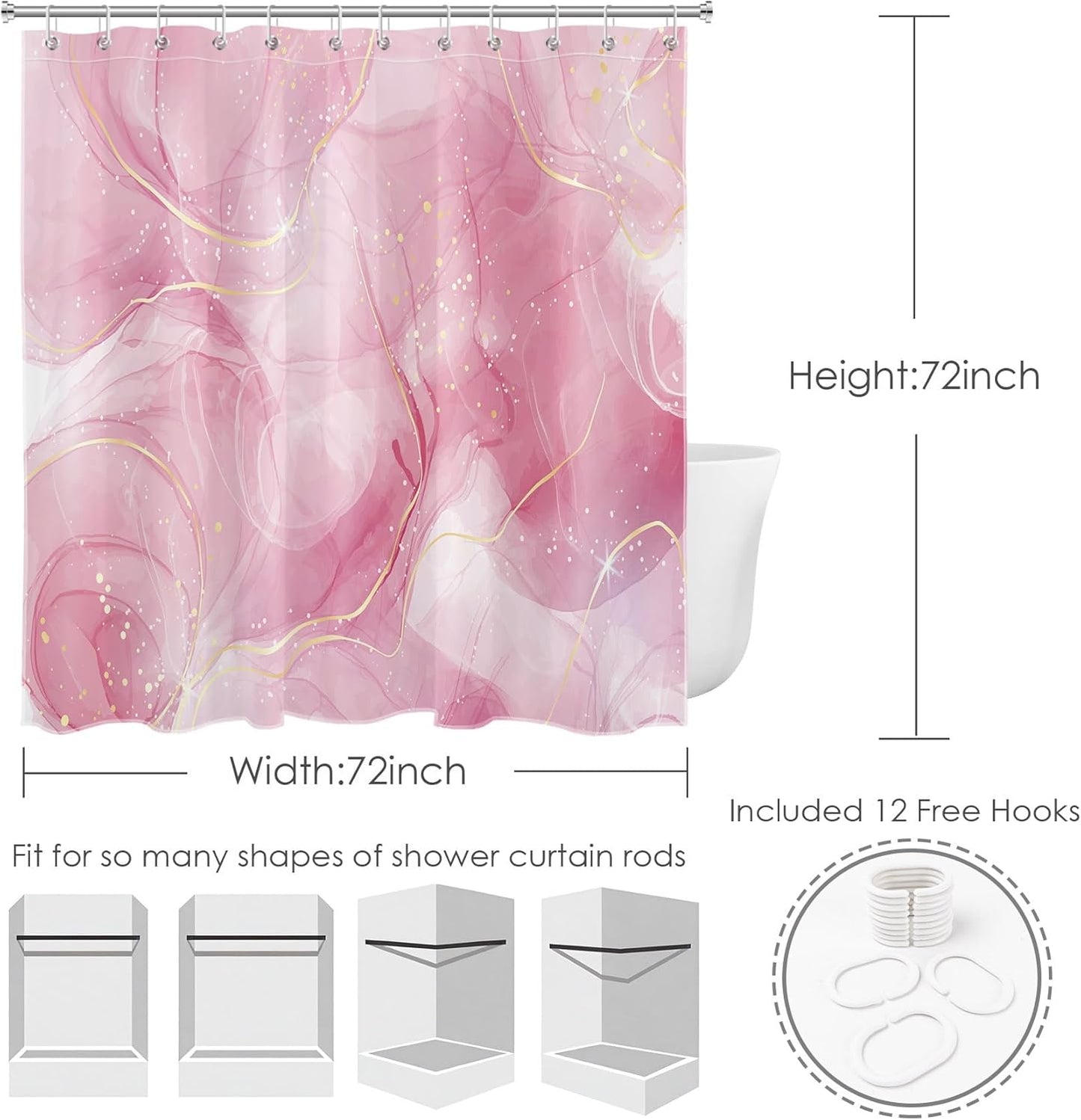 HVEST Modern Marble Shower Curtain, Pink and Gold Luxurious Marble Bathroom Curtain with Hooks, Abstract Art Bath Curtain Polyester Fabric Bath Decor Accessories, 72x72 Inches,YL30460Q