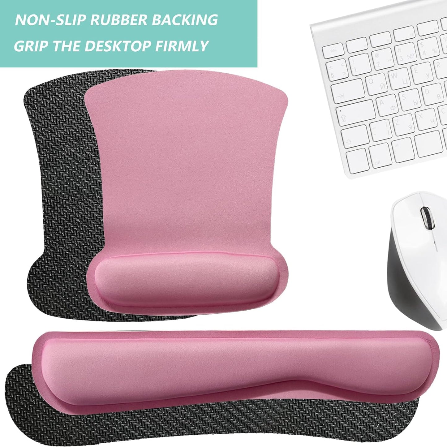 Keyboard Wrist Rest Pad Mouse Pad with Wrist Support Set of 3, Gaming Mousepad with Non-Slip Rubber Base, Ergonomic Memory Foam Mouse Cushion Support for Home Office Laptop Computer, Pink