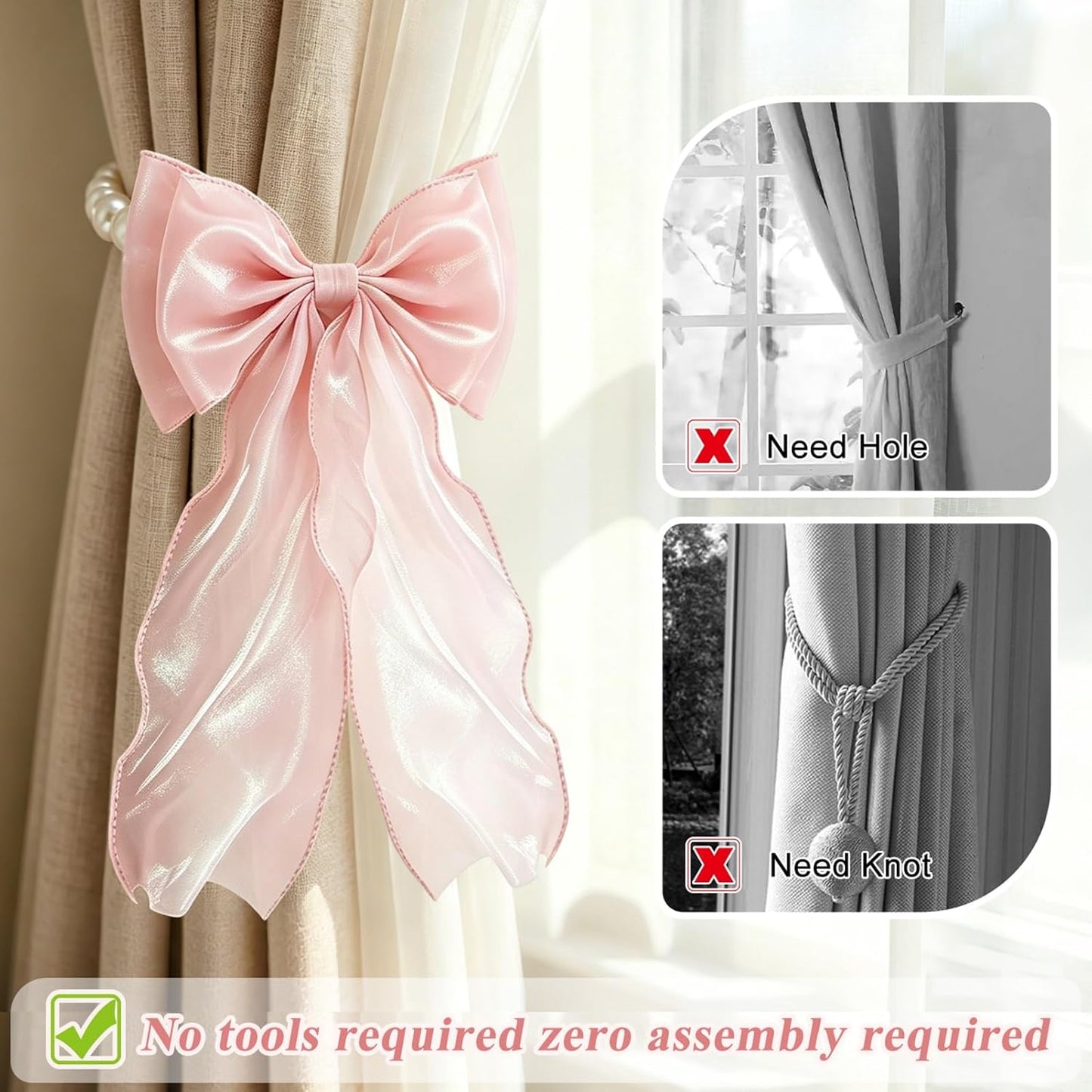 AULEEP 2 Pack Bow Magnetic Curtain Tiebacks, Pearl Beaded Fabric Curtain Holdbacks, No Drill Window Drape Ties, Elegant Bow Ribbon Decor for Bedroom Living Room Home Nursery, Pink