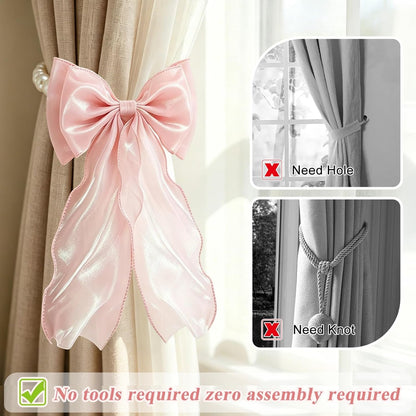 AULEEP 2 Pack Bow Magnetic Curtain Tiebacks, Pearl Beaded Fabric Curtain Holdbacks, No Drill Window Drape Ties, Elegant Bow Ribbon Decor for Bedroom Living Room Home Nursery, Pink