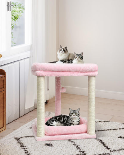SYANDLVY Small Cat Tree for Indoor Cats with 2 Levels Perch Platforms, Natural Sisal Scratching Post Tower with Hanging Bell Ball & Anti-Tip Strap, Stable Cat Perch Furniture for Kittens, Pink