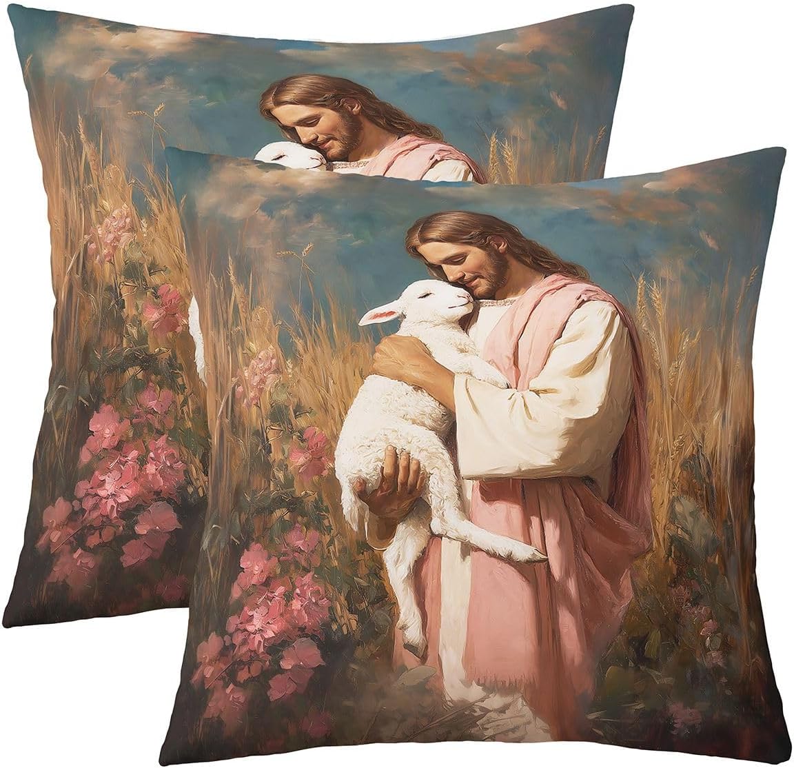 Manfei Man Holding Lamb Kids Throw Pillow Cover,Pink Yellow Spiritual Faith Double Sides Pillow Case,Inspirational Verse Home Decor,Flowers The Lost Lamb Couch Sofa Cushion Cover,1 Pack 22"x22"