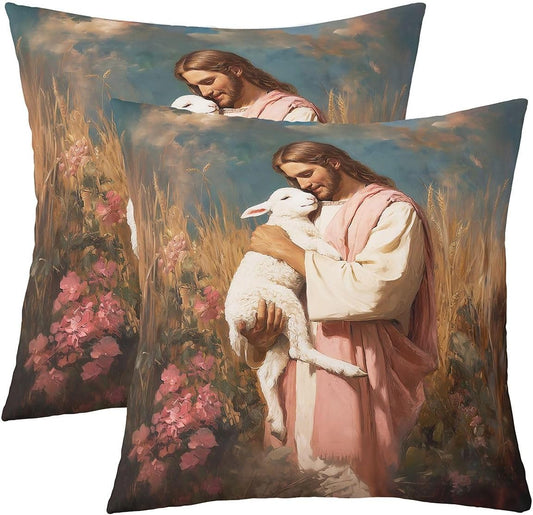 Manfei Man Holding Lamb Kids Throw Pillow Cover,Pink Yellow Spiritual Faith Double Sides Pillow Case,Inspirational Verse Home Decor,Flowers The Lost Lamb Couch Sofa Cushion Cover,1 Pack 22"x22"