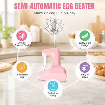 Semi Automatic Hand Mixer Egg Beater, Stainless Steel Pink 30cm - Ergonomic Grip, Quiet 360° Mixing, Ideal for Baking & Kitchen Use