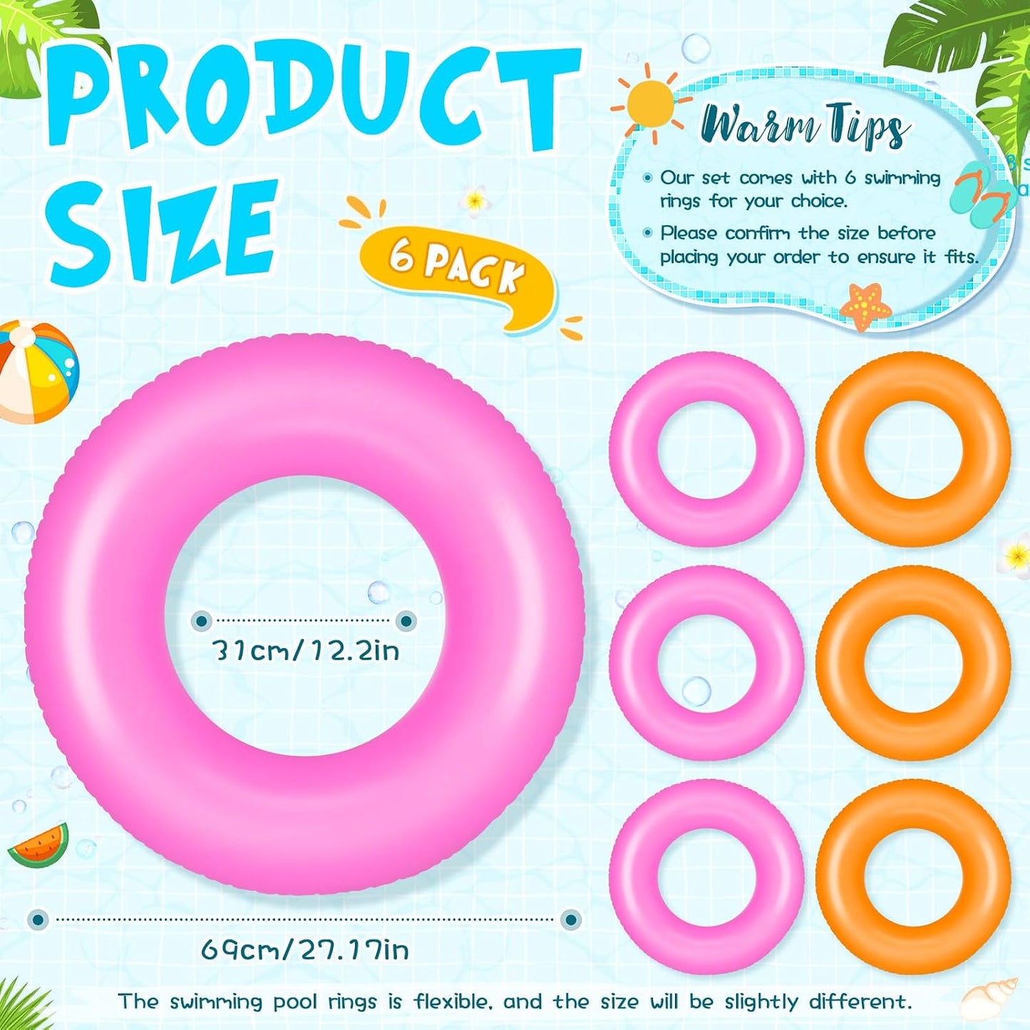 6 Pcs Inflatable Pool Floats Adult Inflatable Swimming Rings Bulk Pool Floats Inner Tubes Raft for Beach, Summer, Holiday, Bachelorette Party Decorations