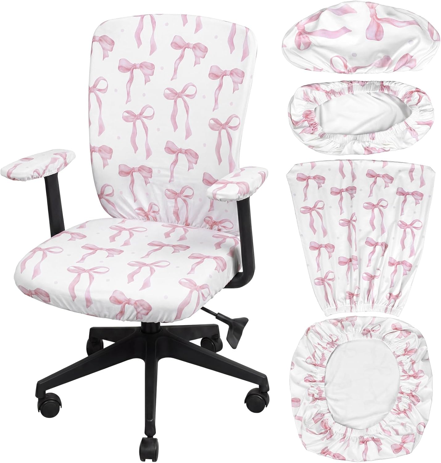 Suncalla 4 Pcs Pink Bow Printed Office Chair Covers Set Stretch Computer Universal Protective Stretchable Chair Seat Covers Washable Desk Armrest Slipcovers Pads Office Cushion Backrest for Rotating