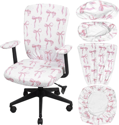 Suncalla 4 Pcs Pink Bow Printed Office Chair Covers Set Stretch Computer Universal Protective Stretchable Chair Seat Covers Washable Desk Armrest Slipcovers Pads Office Cushion Backrest for Rotating