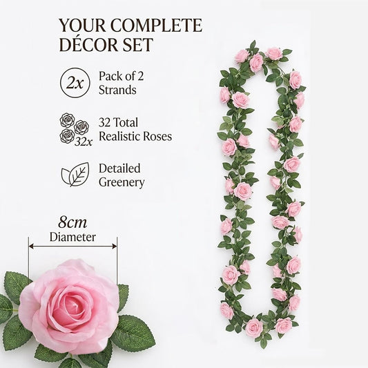2 Pack Artificial Pink Rose Garland Vine - Total 16FT Silk Fake Blush Pink Rose Flower Hanging Vine for Wedding Arch Home Wall Decor Valentine's Day Mother's Day Baby Shower Party