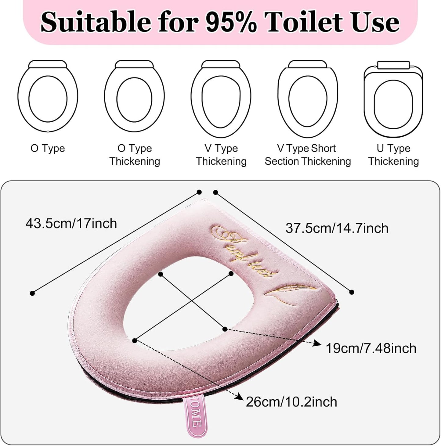 timecity Warmer Toilet Seat Pads with Zipper Pink Toilet Seat Cover with Lifter Handle Set Washable Velvet Toilet Seat Cushion Soft Thicker Toilet Seats Warmer Mat, Pink