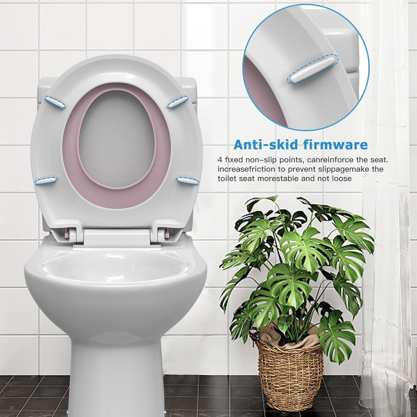 Round Pink Toilet Seat for Adult and Child, Built-In Potty Training Seat with Soft Quiet Close Non-Slip Design, Magnetic Kids Seat and Cover for Round Toilets, Easy to Install and Clean