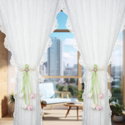 SUQ I OME 1 Pair of 100% Handmade Tulip Flower Curtain Tiebacks with Bowknot,Curtain Ties,Curtain Holdbacks,Pink