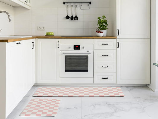 Ohocut Pink Checkered Kitchen Mats for Floor Set of 2, 2 Pcs Cushioned Non Slip Runner Rugs for Kitchen/Sink/Laundry, Comfort Aesthetic Cute Anti-Fatigue Foam Floor Mat 17.3"x29.5"+17.3"x47.2"