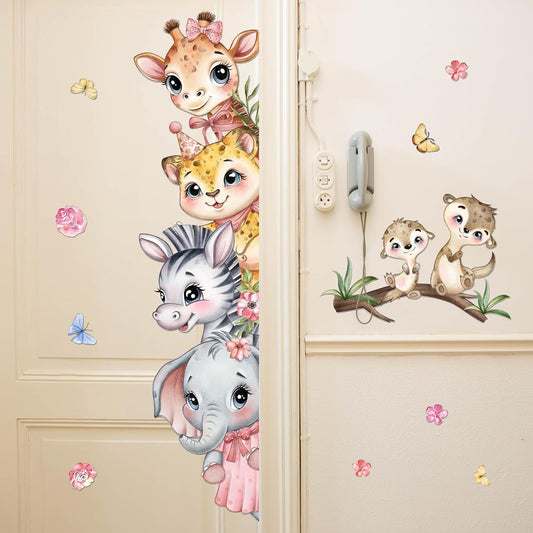 Cute Safari Animal Wall Stickers Cartoon Animal Door Stickers Watercolor Leopard Zebra Elephant Decals Peel and Stick for Kids Bedroom Nursery Playroom Decor (Pink Safari Animal)