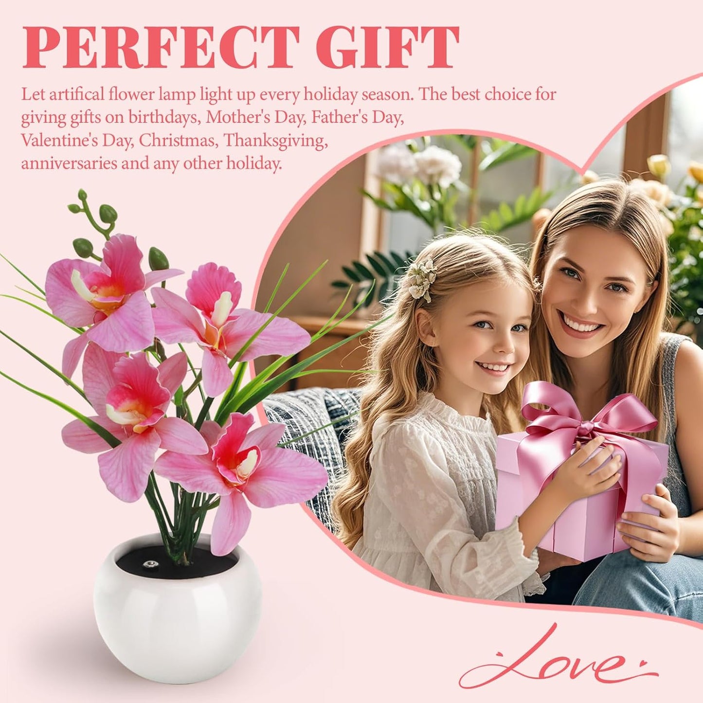 Artificial Flower Night Light, Touch Stepless Dimming USB Rechargeable Pink Orchid Flower with Vase Lamp, LED Desktop Decorative Landscape Lights for Festival Party Home Decor (Pink)
