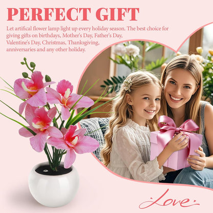 Artificial Flower Night Light, Touch Stepless Dimming USB Rechargeable Pink Orchid Flower with Vase Lamp, LED Desktop Decorative Landscape Lights for Festival Party Home Decor (Pink)