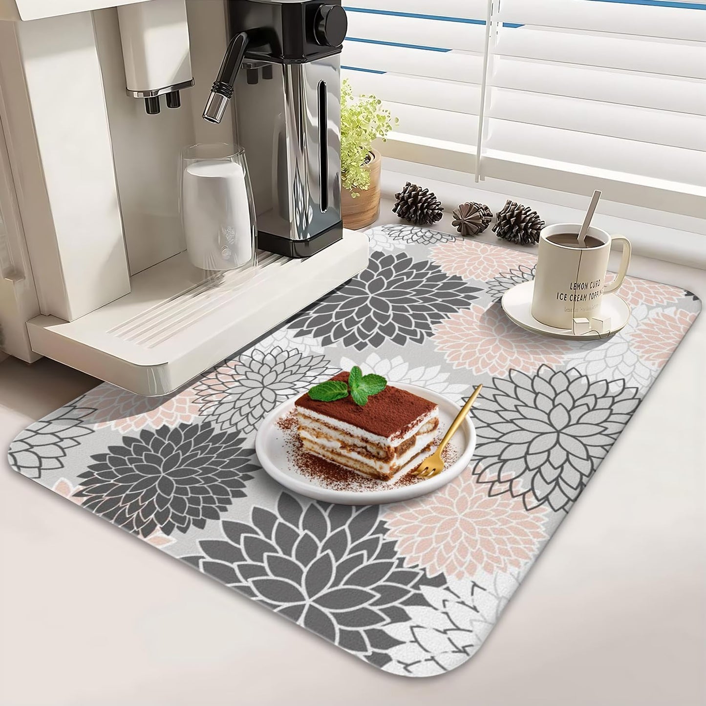 Dish Drying Mat for Kitchen Counter 2 Pack with Non-Slip Rubber Backing - Heat-Resistant Absorbent Coffee Bar Mat, Dish Rack Mat, Pink / Grey Dish Drying Mats 18x24+19.5x12 inch
