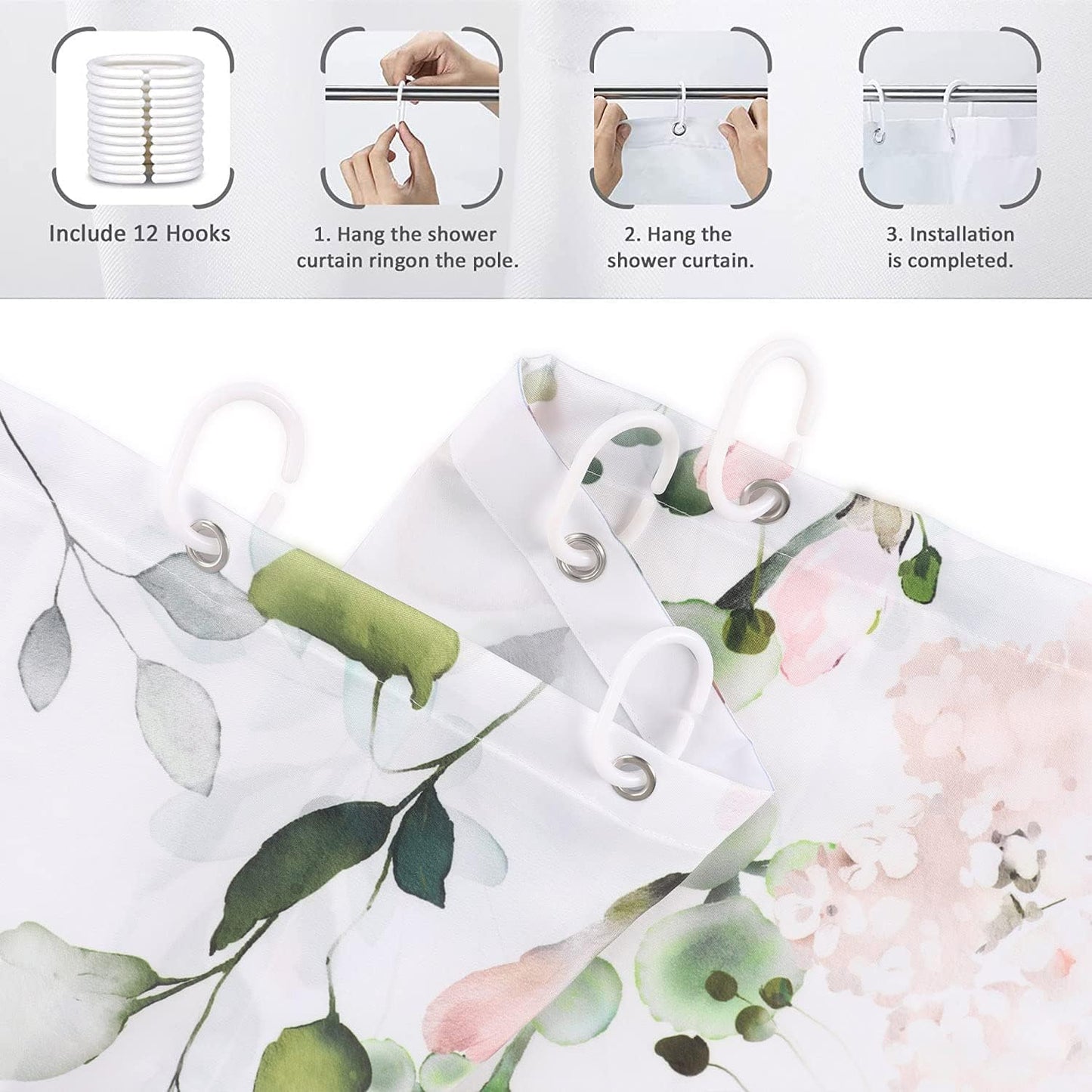 Spring Shower Curtain, Sage Green Eucalyptus Leaf Pink Watercolor Floral Botanical Plants Bathroom Curtain Waterproof Fabric Machine Washable with Hooks, 72" Wx72 L