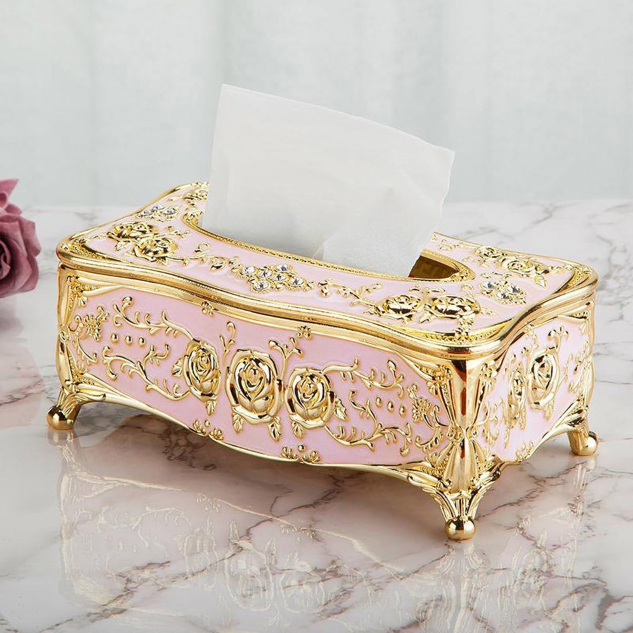 European Luxury Tissue Box Holder,Bling Rose Rhinestone Rectangle Tissue Box Cover,Decorative Tissue Box Holders (Gold & Pink)