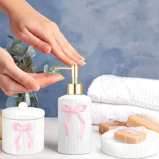 Zhehao 4 Pcs Ceramic Pink Bow Bathroom Set Bow Bathroom Accessories Soap Dispenser Tumbler Toothbrush Holder Vanity Soap Tray Cotton Swab Jars Refillable Decor Pink Decor Gift for Her