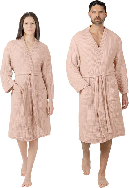 Comfy Cubs 100% Cotton Muslin Bathrobe - 4-Layer Absorbent Robe with Pockets & Belt for Bath, Spa, or Lounging