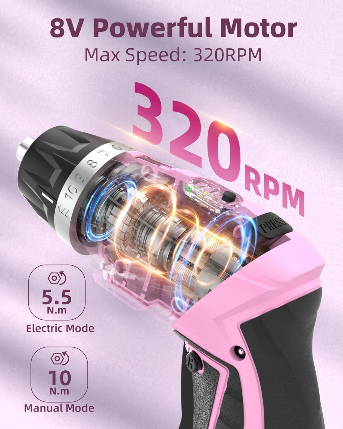 DuroFort Cordless Electric Screwdriver Set, 8V 10Nm Rechargeable Power Electric Drill, Battery Screw Gun with Driver Bit, 320RPM/10+1 Torque, 2 Position Handle, Flexible Shaft LED Light (Pink, 39Pcs)