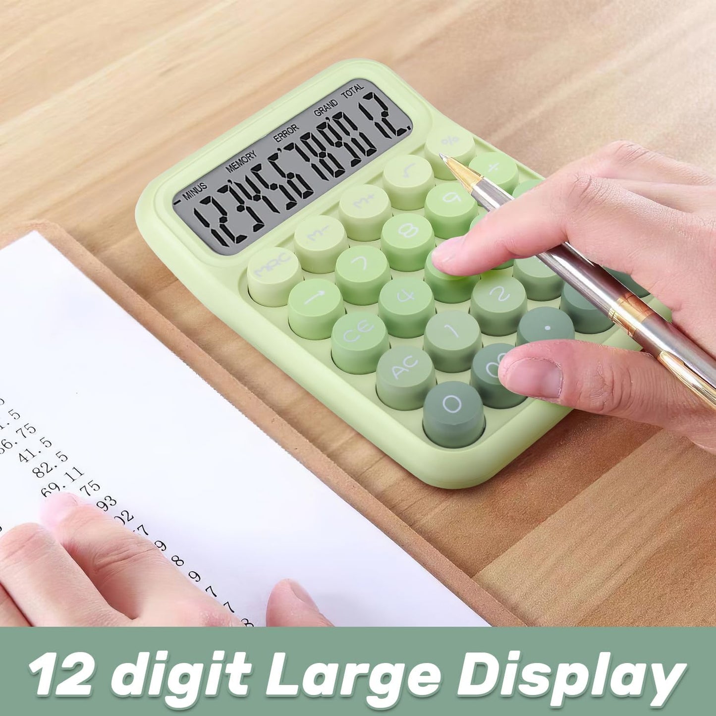 Mechanical Switch Calculator with Big Buttons, 12 Digits, Large LCD Display, Cute Pink Desktop Calculator, Aesthetic School Supplies for Office, School, Home & Business Use, Automatic Sleep (Green)