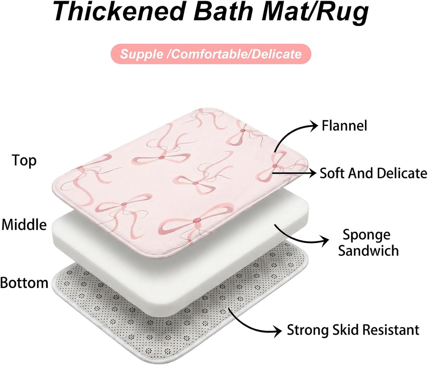 4Pcs Pink Bow Shower Curtain Set, Complete Pink Bathroom Set Includes 70.8x70.8 Inch Curtain, Toilet Lid Cover, Non-Slip Rug, U-Shaped Mat, and 12 Hooks for Aesthetic Decor