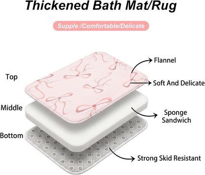 4Pcs Pink Bow Shower Curtain Set, Complete Pink Bathroom Set Includes 70.8x70.8 Inch Curtain, Toilet Lid Cover, Non-Slip Rug, U-Shaped Mat, and 12 Hooks for Aesthetic Decor
