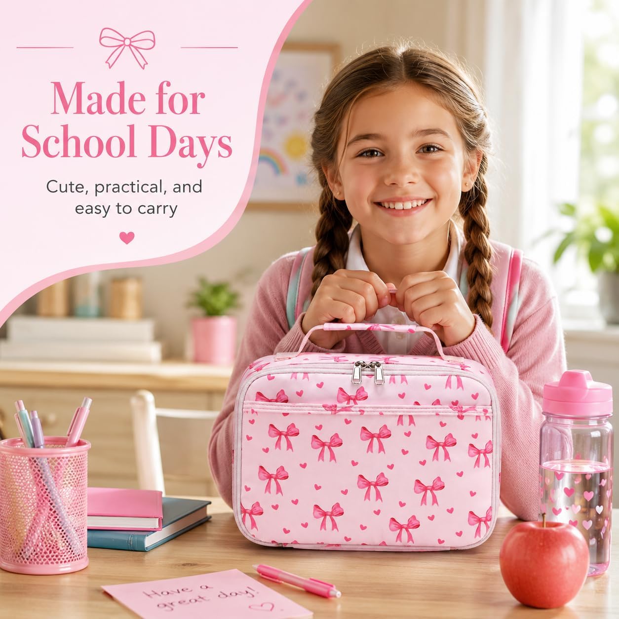 LOIDOU Lunch Box for Kids Boys Girls Insulated Lunch Bag Thermal Meal Tote Reusable Lunch Pail Bags for School Travel (Bow Tie Pink)