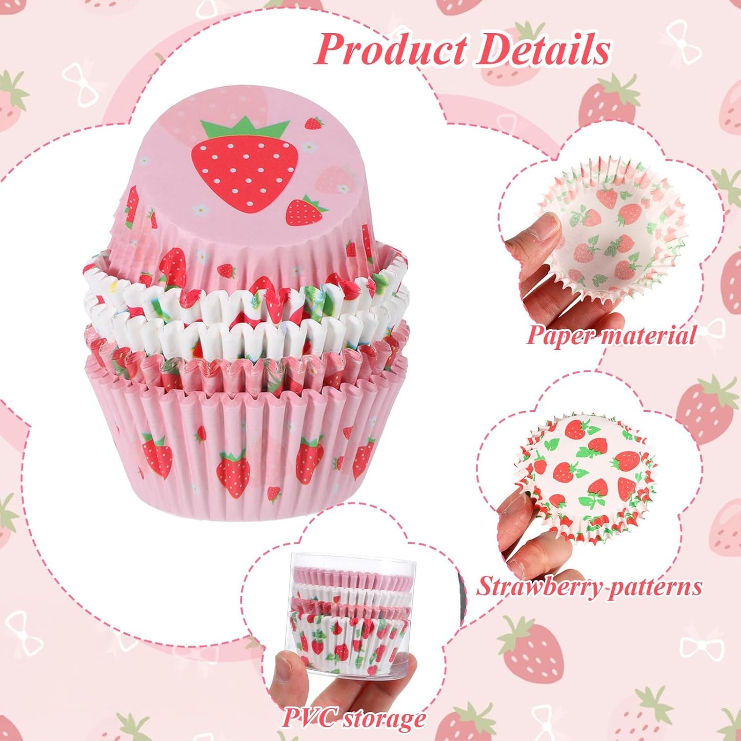 Strawberry Cupcake Liners, 100 Pcs Cute Cupcake Liners Pink Strawberry Cup Cake Wrappers Paper Baking Cup for Wedding Bridal Baby Shower Spring Summer Berry Themed Birthday Party Cake Decor